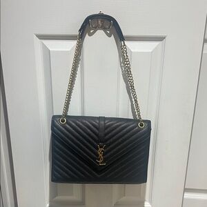 Black Chevron Shoulder Bag with Gold Chain
